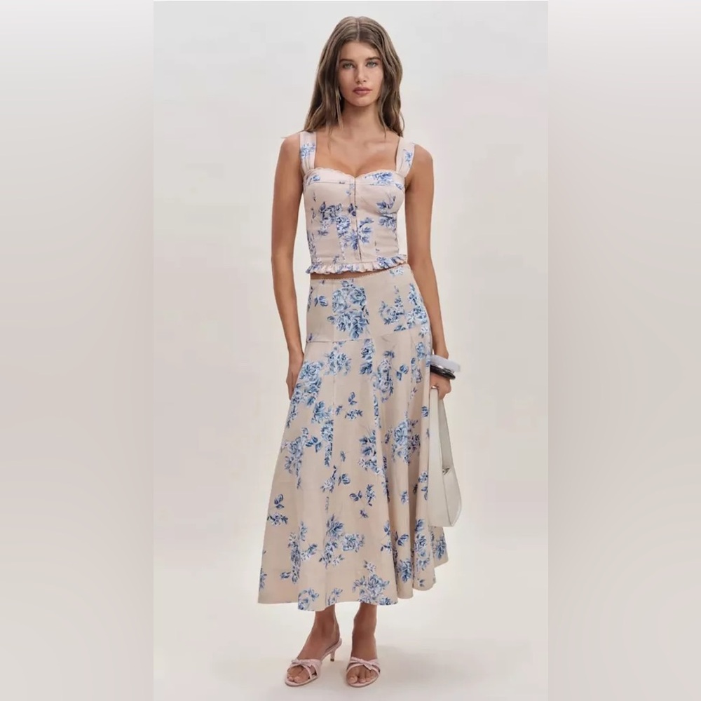 NEW Reformation Anatolia Linen Corset Two Piece Hugo Beige Blue Floral US 2 UK 6 - Picture 4 of 16